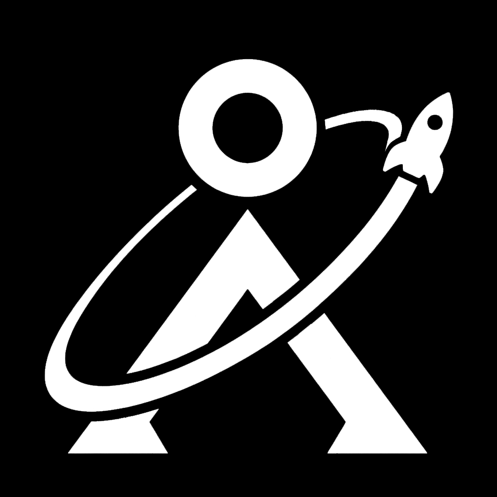 Company logo depecting a sci-fi icon (Stargate reference) for earth with an ambiguously powered rocket swirling around the earth icon and out into space. The rocket is deliberately not meant to be cooler than a SpaceX rocket, because they're already pretty awesome and our company is competing in a different space.
